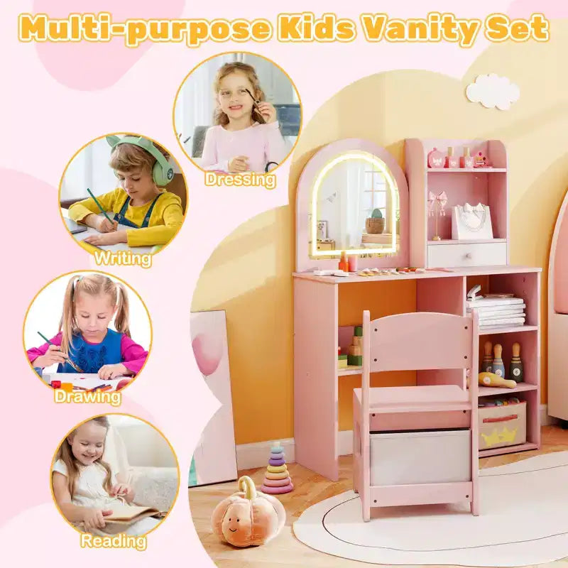 Costway Toeletta per Bambini Scrivania per Trucco da Principessa con Specchio a LED a 3 Colori Rosa
