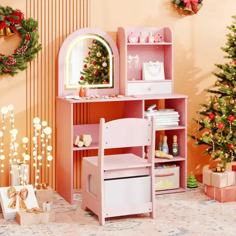 Costway Toeletta per Bambini Scrivania per Trucco da Principessa con Specchio a LED a 3 Colori Rosa