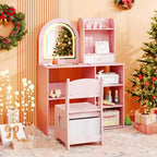 Costway Toeletta per Bambini Scrivania per Trucco da Principessa con Specchio a LED a 3 Colori Rosa