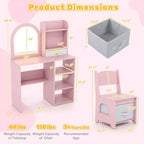 Costway Toeletta per Bambini Scrivania per Trucco da Principessa con Specchio a LED a 3 Colori Rosa