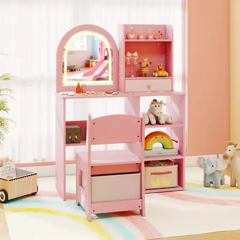 Costway Toeletta per Bambini Scrivania per Trucco da Principessa con Specchio a LED a 3 Colori Rosa