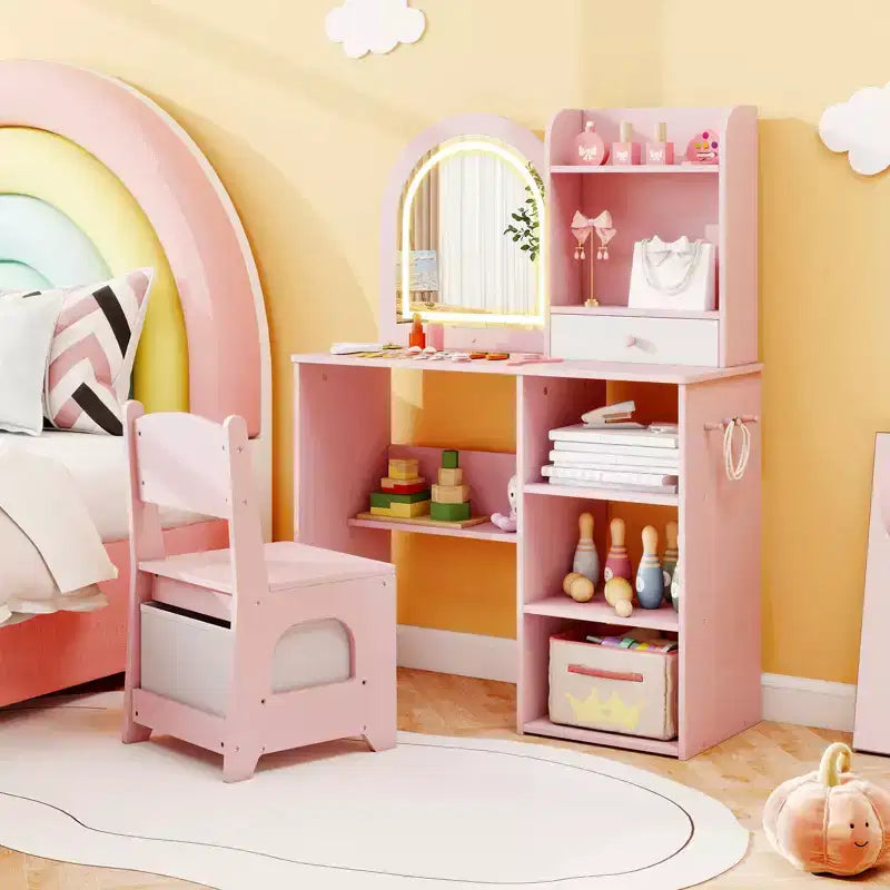 Costway Toeletta per Bambini Scrivania per Trucco da Principessa con Specchio a LED a 3 Colori Rosa