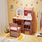 Costway Toeletta per Bambini Scrivania per Trucco da Principessa con Specchio a LED a 3 Colori Rosa