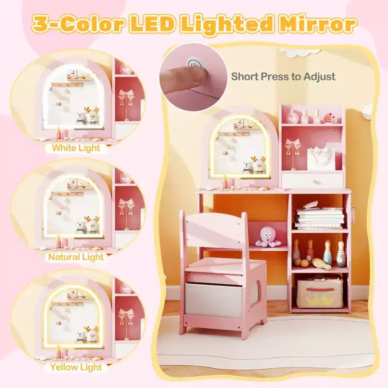 Costway Toeletta per Bambini Scrivania per Trucco da Principessa con Specchio a LED a 3 Colori Rosa