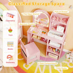 Costway Toeletta per Bambini Scrivania per Trucco da Principessa con Specchio a LED a 3 Colori Rosa