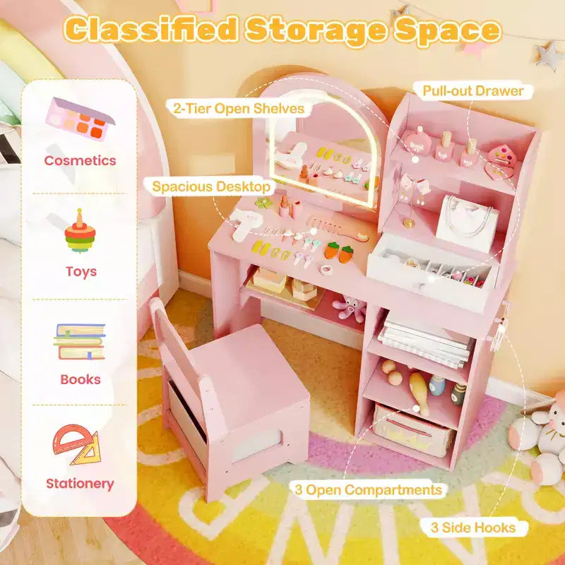 Costway Toeletta per Bambini Scrivania per Trucco da Principessa con Specchio a LED a 3 Colori Rosa