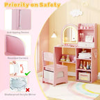 Costway Toeletta per Bambini Scrivania per Trucco da Principessa con Specchio a LED a 3 Colori Rosa
