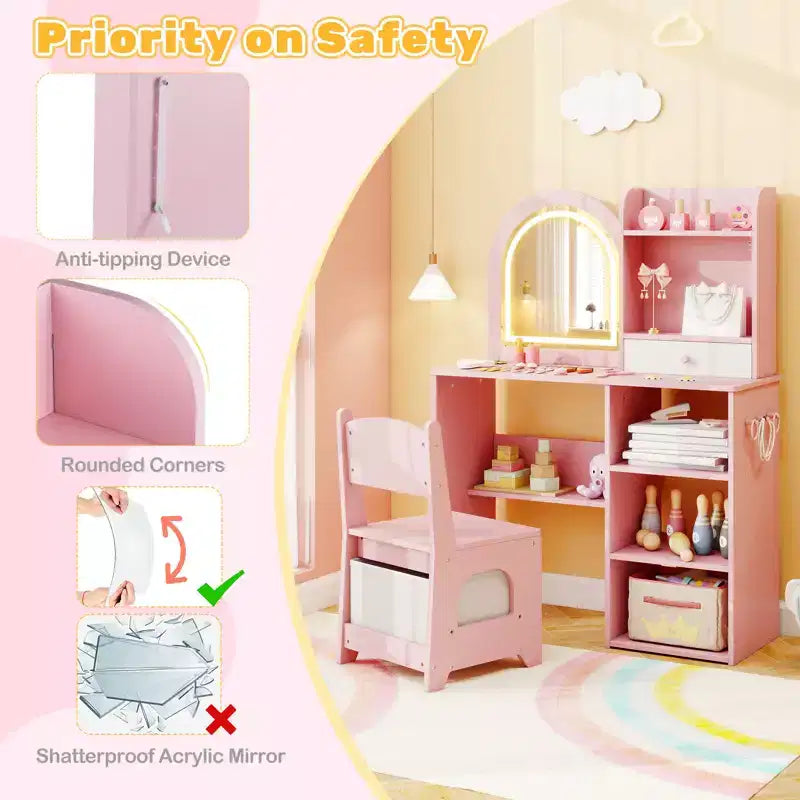 Costway Toeletta per Bambini Scrivania per Trucco da Principessa con Specchio a LED a 3 Colori Rosa