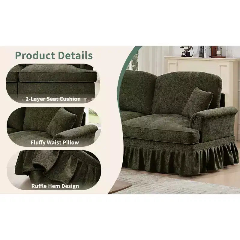 MooxvMoo 107in Chenille Midcentury Modern Sofa U Shaped Couch, with Detachable Ruffle Hem, Sectional Couches W/ Throw Pillows & 2 Ottoman, Green