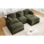 MooxvMoo 107in Chenille Midcentury Modern Sofa U Shaped Couch, with Detachable Ruffle Hem, Sectional Couches W/ Throw Pillows & 2 Ottoman, Green