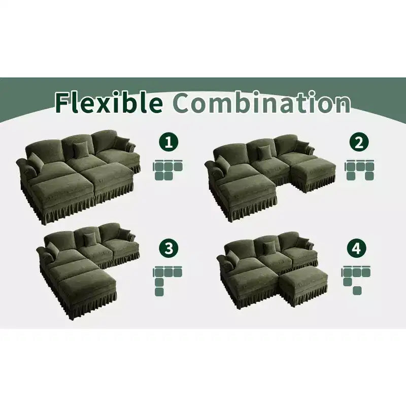 MooxvMoo 107in Chenille Midcentury Modern Sofa U Shaped Couch, with Detachable Ruffle Hem, Sectional Couches W/ Throw Pillows & 2 Ottoman, Green