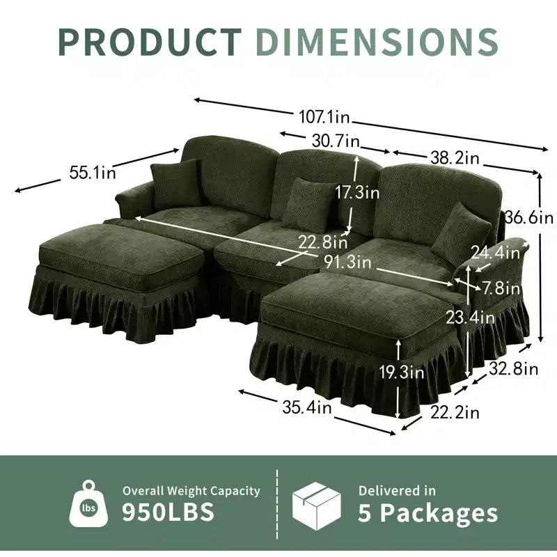 MooxvMoo 107in Chenille Midcentury Modern Sofa U Shaped Couch, with Detachable Ruffle Hem, Sectional Couches W/ Throw Pillows & 2 Ottoman, Green