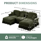 MooxvMoo 107in Chenille Midcentury Modern Sofa U Shaped Couch, with Detachable Ruffle Hem, Sectional Couches W/ Throw Pillows & 2 Ottoman, Green