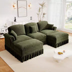 MooxvMoo 107in Chenille Midcentury Modern Sofa U Shaped Couch, with Detachable Ruffle Hem, Sectional Couches W/ Throw Pillows & 2 Ottoman, Green