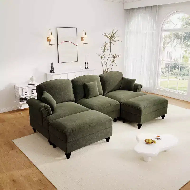 MooxvMoo 107in Chenille Midcentury Modern Sofa U Shaped Couch, with Detachable Ruffle Hem, Sectional Couches W/ Throw Pillows & 2 Ottoman, Green