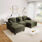 MooxvMoo 107in Chenille Midcentury Modern Sofa U Shaped Couch, with Detachable Ruffle Hem, Sectional Couches W/ Throw Pillows & 2 Ottoman, Green
