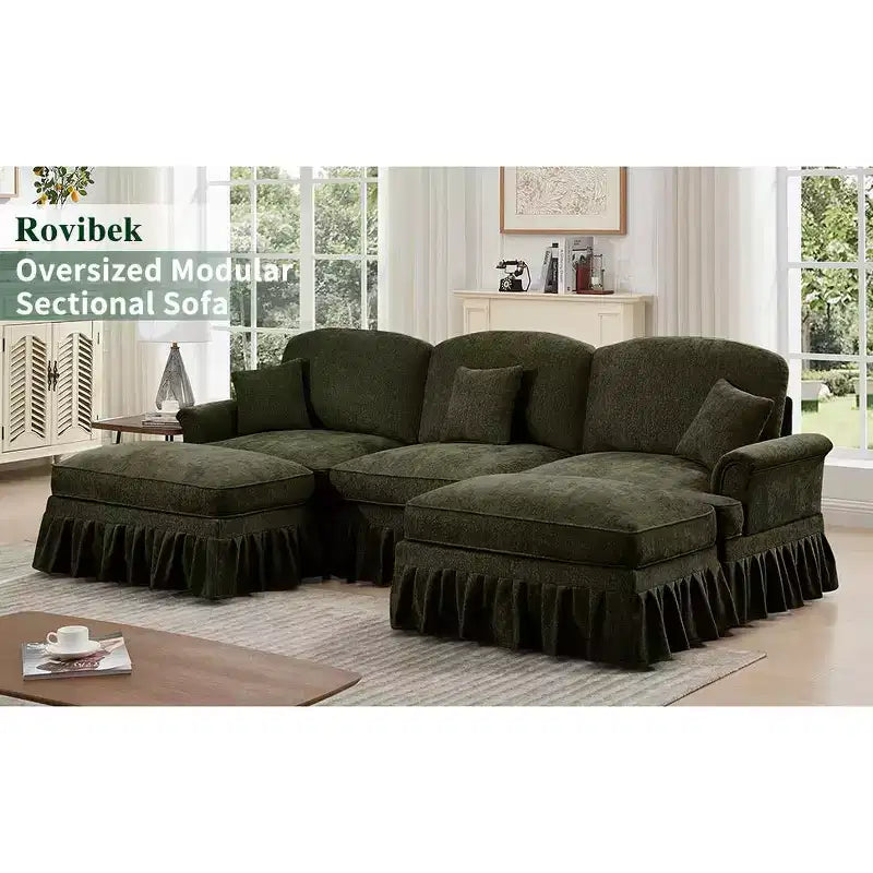 MooxvMoo 107in Chenille Midcentury Modern Sofa U Shaped Couch, with Detachable Ruffle Hem, Sectional Couches W/ Throw Pillows & 2 Ottoman, Green
