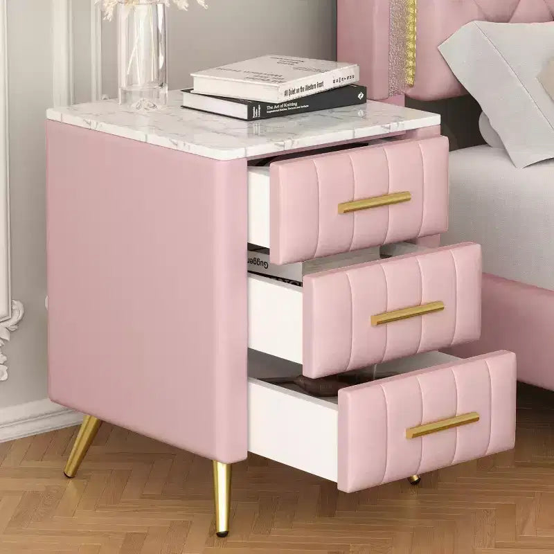 Comodini moderni imbottiti con cassetto, piano in finto marmo e gambe in metallo dorato, eleganti tavolini da comodino per camera da letto o divano-Panipeachy
