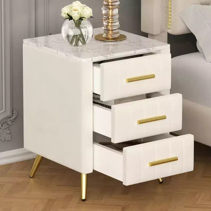 Modern Upholstered Nightstands with Drawer, Faux Marble Top and Gold Metal Legs, Elegant Bedside Tables for Bedroom or Sofa Side-Panipeachy
