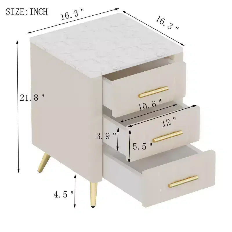 Comodini moderni imbottiti con cassetto, piano in finto marmo e gambe in metallo dorato, eleganti tavolini da comodino per camera da letto o divano-Panipeachy