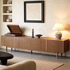 86.6 Extra Long Wood TV Stand for 90 Inch TV Slatted Media Console Entertainment Center with Removable Shelves Walnut Gaoyangjiaju