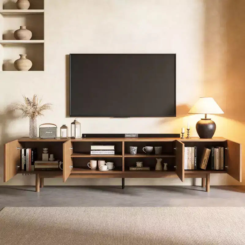 86.6 Extra Long Wood TV Stand for 90 Inch TV Slatted Media Console Entertainment Center with Removable Shelves Walnut Gaoyangjiaju