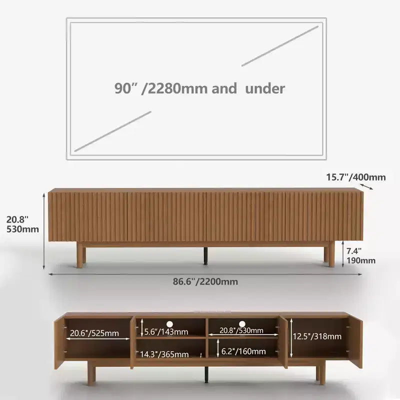 86.6 Extra Long Wood TV Stand for 90 Inch TV Slatted Media Console Entertainment Center with Removable Shelves Walnut Gaoyangjiaju