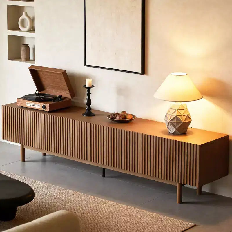 86.6 Extra Long Wood TV Stand for 90 Inch TV Slatted Media Console Entertainment Center with Removable Shelves Walnut Gaoyangjiaju