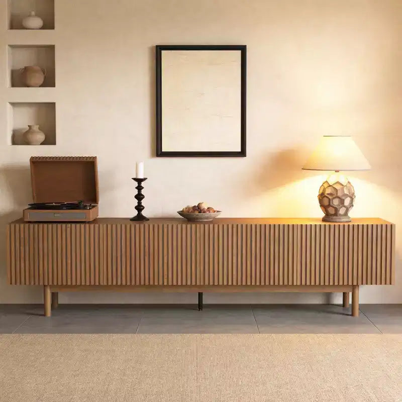 86.6 Extra Long Wood TV Stand for 90 Inch TV Slatted Media Console Entertainment Center with Removable Shelves Walnut Gaoyangjiaju