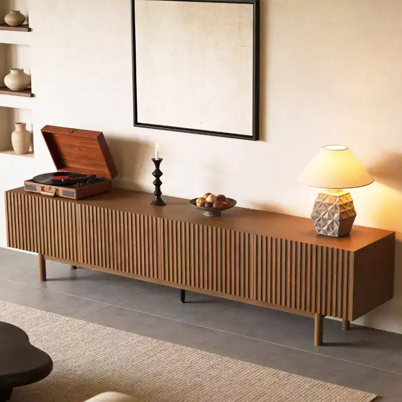 86.6 Extra Long Wood TV Stand for 90 Inch TV Slatted Media Console Entertainment Center with Removable Shelves Walnut Gaoyangjiaju
