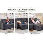 MooxvMoo 86 Modern Sleeper Sectional with Reversible Chaise, 3-Seater Convertible L-Shaped Sofa Bed, Pull-Out Couch in Linen-Like Fabric, Gray