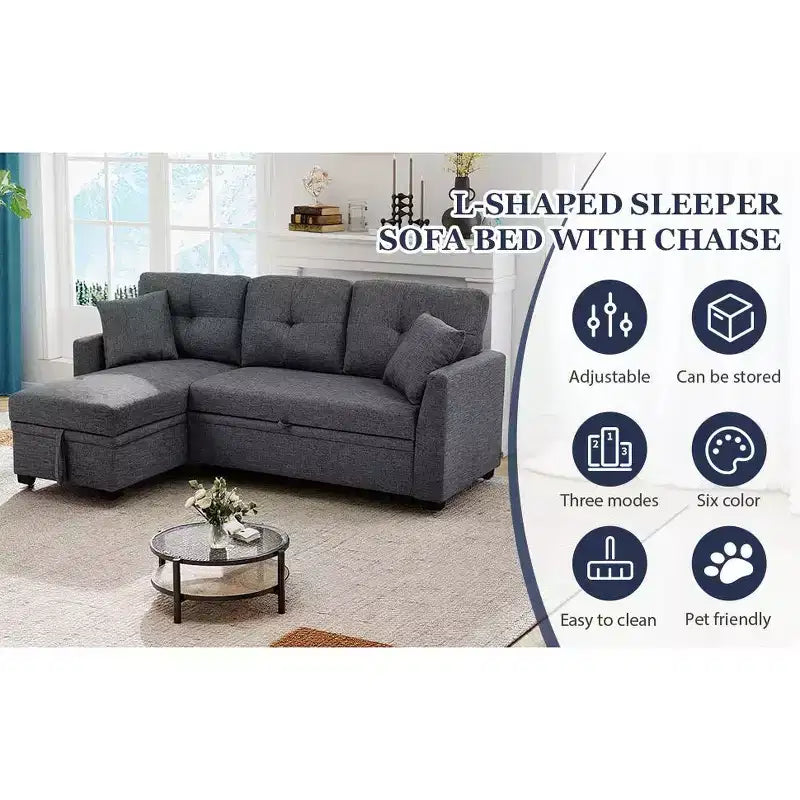 MooxvMoo 86 Modern Sleeper Sectional with Reversible Chaise, 3-Seater Convertible L-Shaped Sofa Bed, Pull-Out Couch in Linen-Like Fabric, Gray