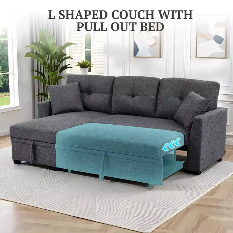 MooxvMoo 86 Modern Sleeper Sectional with Reversible Chaise, 3-Seater Convertible L-Shaped Sofa Bed, Pull-Out Couch in Linen-Like Fabric, Gray