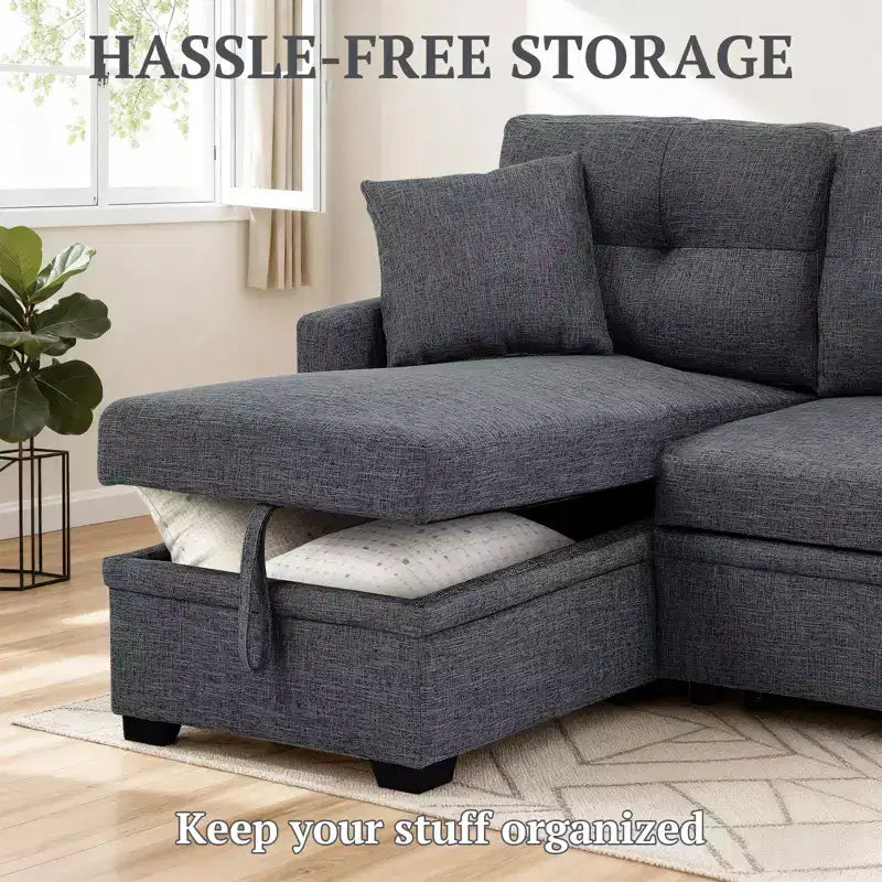 MooxvMoo 86 Modern Sleeper Sectional with Reversible Chaise, 3-Seater Convertible L-Shaped Sofa Bed, Pull-Out Couch in Linen-Like Fabric, Gray