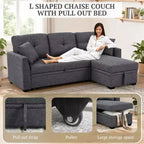 MooxvMoo 86 Modern Sleeper Sectional with Reversible Chaise, 3-Seater Convertible L-Shaped Sofa Bed, Pull-Out Couch in Linen-Like Fabric, Gray