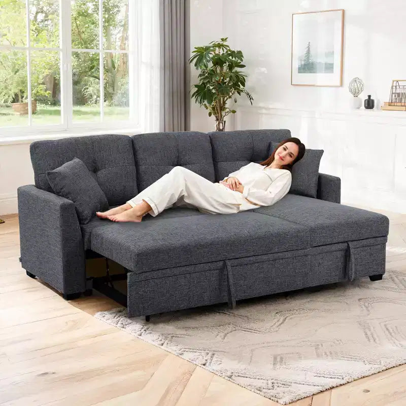 MooxvMoo 86 Modern Sleeper Sectional with Reversible Chaise, 3-Seater Convertible L-Shaped Sofa Bed, Pull-Out Couch in Linen-Like Fabric, Gray