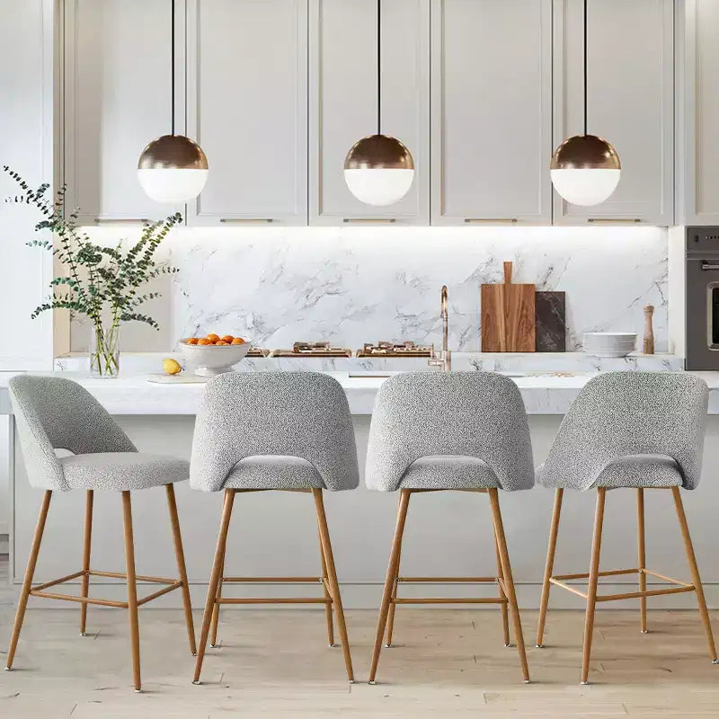 Set of 2 Boucle Counter Height Bar Stools, 27 Modern Upholstered Kitchen Island Chairs with Wood Finish Metal Legs - Panipeachy