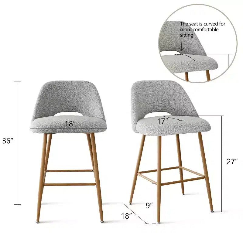 Set of 2 Boucle Counter Height Bar Stools, 27 Modern Upholstered Kitchen Island Chairs with Wood Finish Metal Legs - Panipeachy