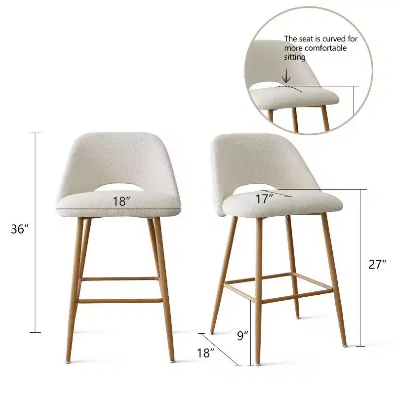Set of 2 Boucle Counter Height Bar Stools, 27 Modern Upholstered Kitchen Island Chairs with Wood Finish Metal Legs - Panipeachy