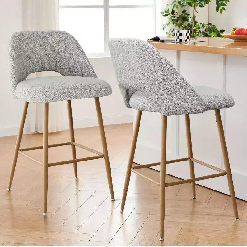 Set of 2 Boucle Counter Height Bar Stools, 27 Modern Upholstered Kitchen Island Chairs with Wood Finish Metal Legs - Panipeachy