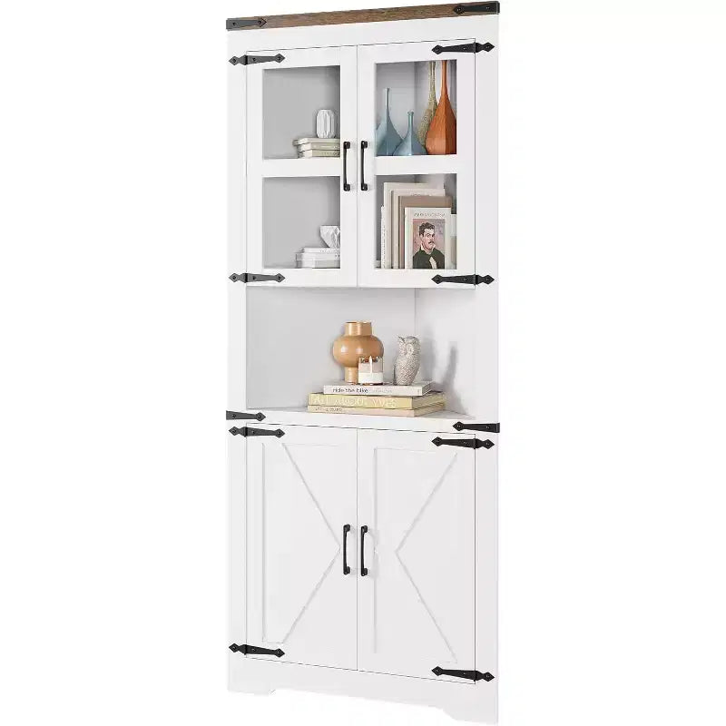 Tall Corner Cabinet, Farmhouse Style Storage with Glass Door & Adjustable Shelves for Kitchen & Bathroom