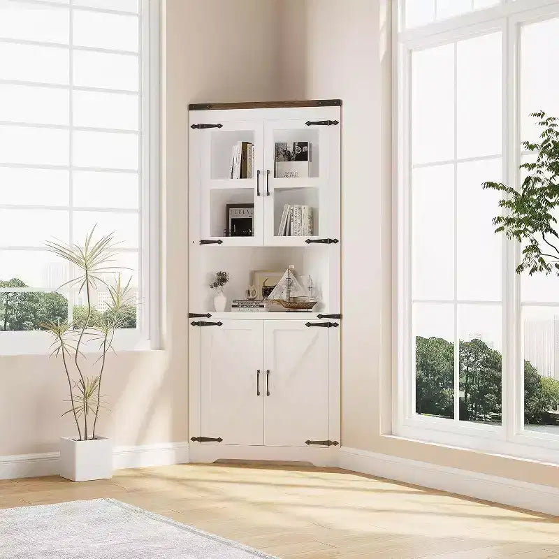 Tall Corner Cabinet, Farmhouse Style Storage with Glass Door & Adjustable Shelves for Kitchen & Bathroom
