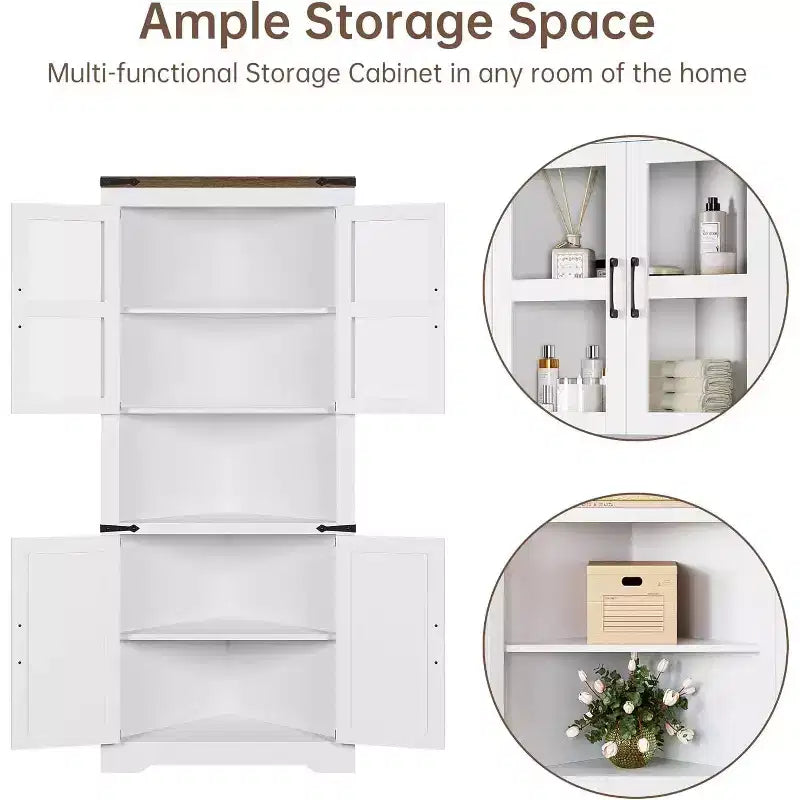 Tall Corner Cabinet, Farmhouse Style Storage with Glass Door & Adjustable Shelves for Kitchen & Bathroom