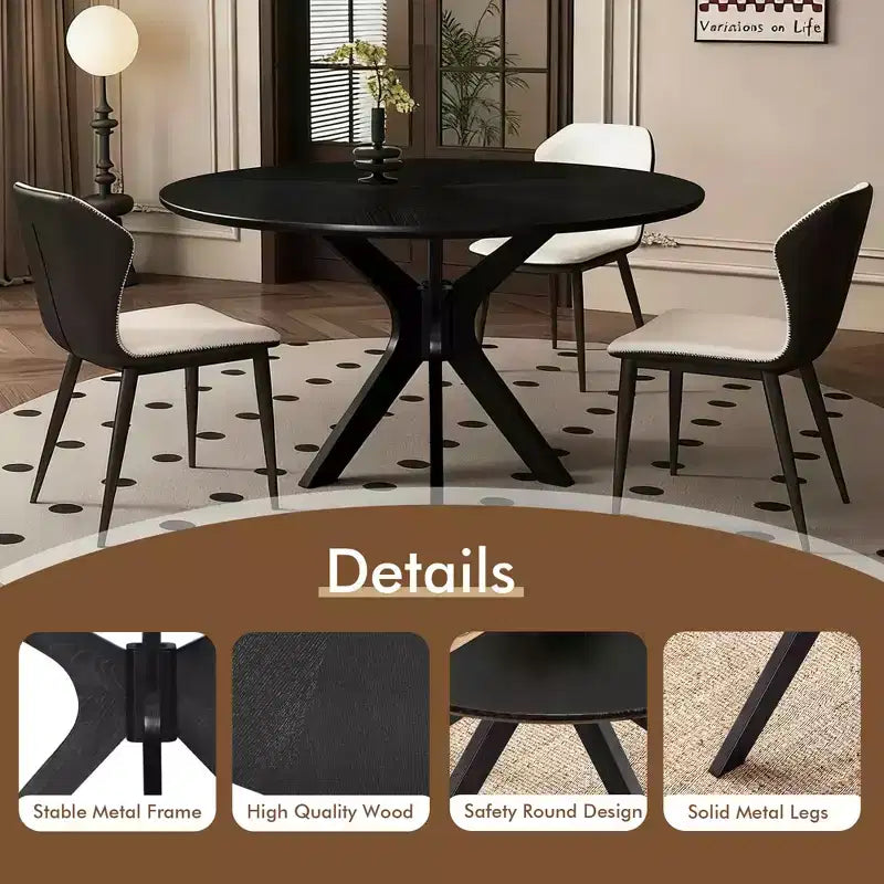 MAYEERTY 47 Round Solid Wood Dining Table, Black Intersecting Pedestal Base 4-6 Seater for Kitchen & Dining Room