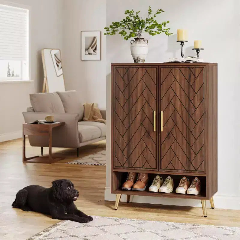 Lantine Scarpiera da Ingresso a 6 Livelli con Ante per 24 Paia, Mobile Contenitore in Legno con Ripiani Regolabili e Gambe Dorate per Soggiorno, Camera da Letto, Noce