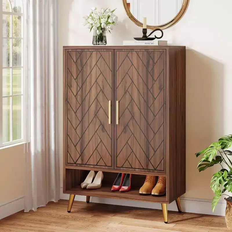 Lantine Scarpiera da Ingresso a 6 Livelli con Ante per 24 Paia, Mobile Contenitore in Legno con Ripiani Regolabili e Gambe Dorate per Soggiorno, Camera da Letto, Noce