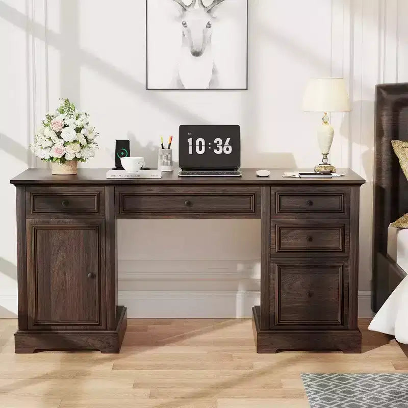 Dyonery 60 Farmhouse Executive Desk for Home Office - Wooden Writing Desk with Drawers, Cabinet Storage,Rustic Home Office Desk for Work Study