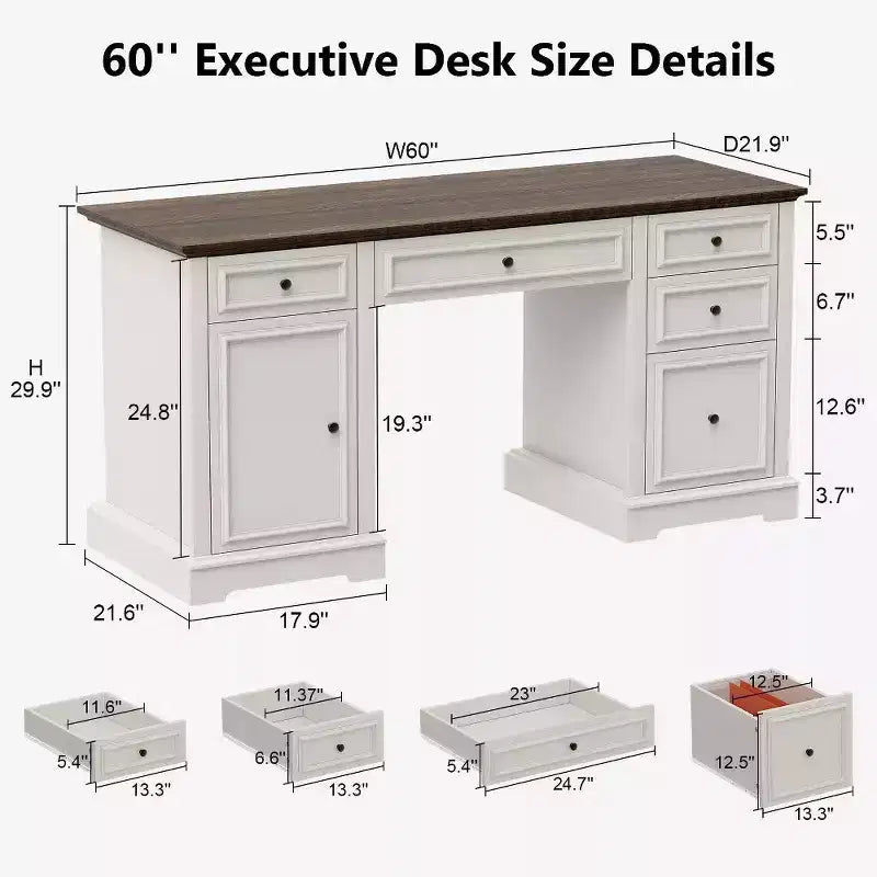 Dyonery 60 Farmhouse Executive Desk for Home Office - Wooden Writing Desk with Drawers, Cabinet Storage,Rustic Home Office Desk for Work Study