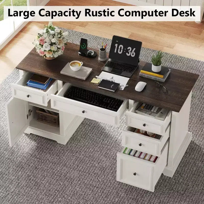 Dyonery 60 Farmhouse Executive Desk for Home Office - Wooden Writing Desk with Drawers, Cabinet Storage,Rustic Home Office Desk for Work Study