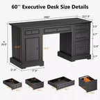Dyonery 60 Farmhouse Executive Desk for Home Office - Wooden Writing Desk with Drawers, Cabinet Storage,Rustic Home Office Desk for Work Study